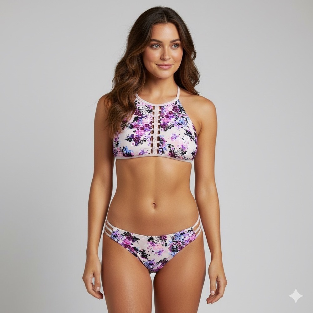 Ambrielle Floral Halter Bikini Swimsuit Set Pink Purple‎ Blue Large Low Rise